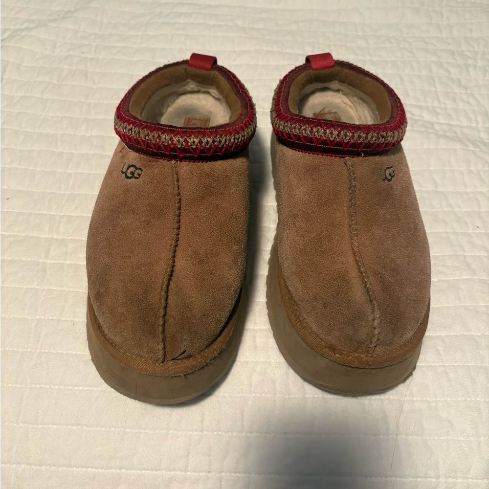 UGG Brown Suede Slip-Ons with Red Trim